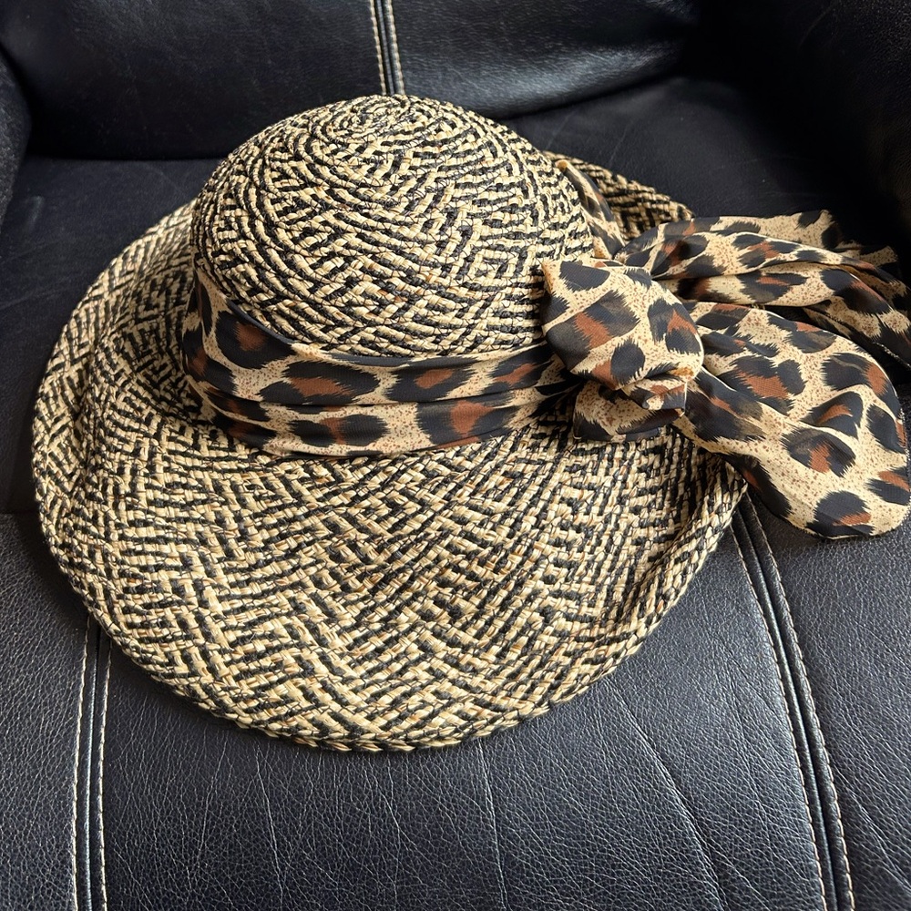 David Natural & Black Straw Hat with Leopard Print Scarf and Band